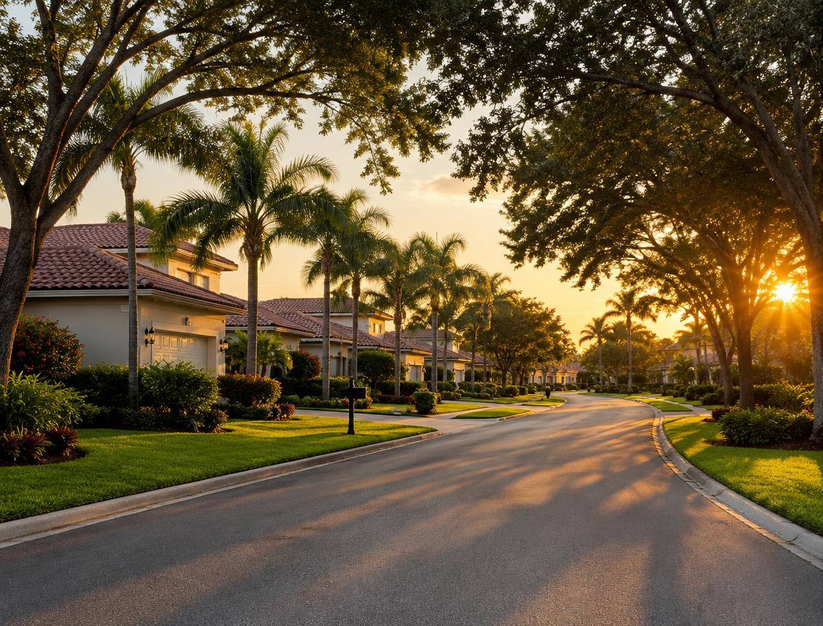 Palm-lined residential street in southwest Florida at sunset