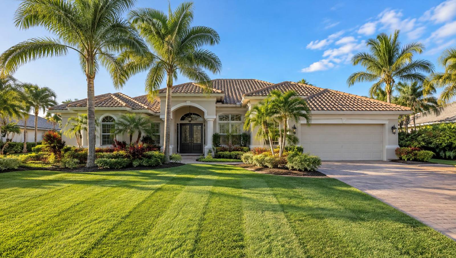 Florida home with a freshly mowed lawn, palm trees and a paver driveway