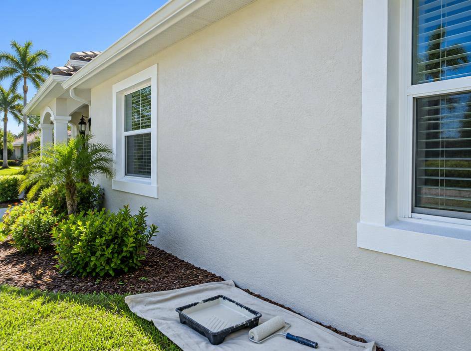 Freshly painted stucco exterior wall with a roller and paint tray