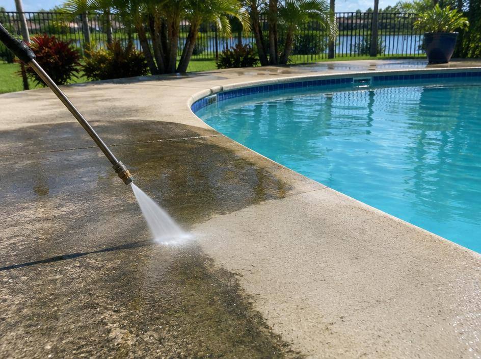 Pressure washer cleaning a dirty pool deck
